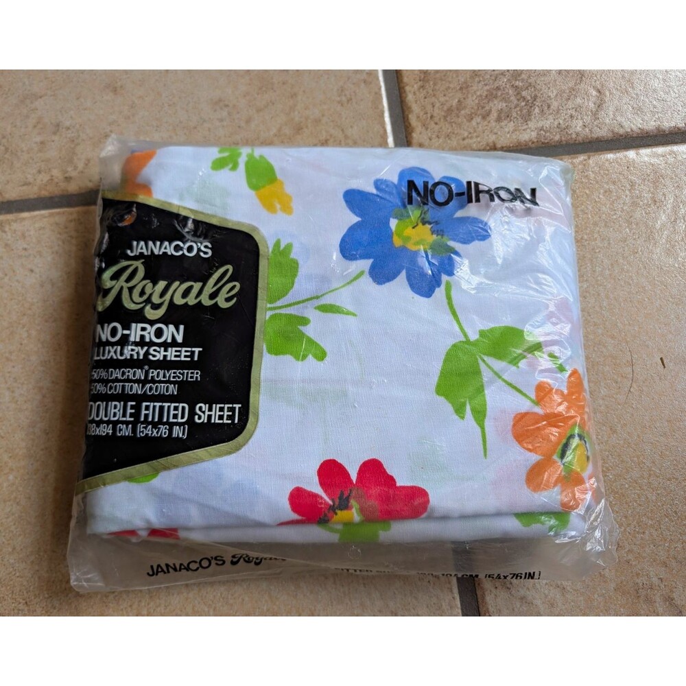 Vintage 70s Janaco's Royale No-Iron Double Fitted Sheet Floral 54x76 Cottagecore